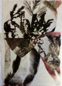 Palladium print of abstract photographic collage of a woman's legs supporting a newborn baby surrounded by blossoming oak leaves in palladium painted with red and green pearlescent watercolor is about our interdependence with trees. We breathe oxygen which trees release during photosynthesis and release carbon dioxide which the trees take in for their own nourishment.