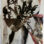 Palladium print of abstract photographic collage of a woman's legs supporting a newborn baby surrounded by blossoming oak leaves in palladium painted with red and green pearlescent watercolor is about our interdependence with trees. We breathe oxygen which trees release during photosynthesis and release carbon dioxide which the trees take in for their own nourishment.