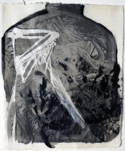 The photograph of a man's back tattooed with a bird is collaged with a skelton image of a bird's wing and the blackened images of burnt leaves. This symbolizes our connection to forest fires and their destruction of trees and killing of wildlife.