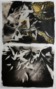 Palladium diptych of a woman showered with gold as pollen of a peony. The stamen of the peony are enlarged in both prints of the diptych. The peony flower gave women medicine and empowered them with prestige.