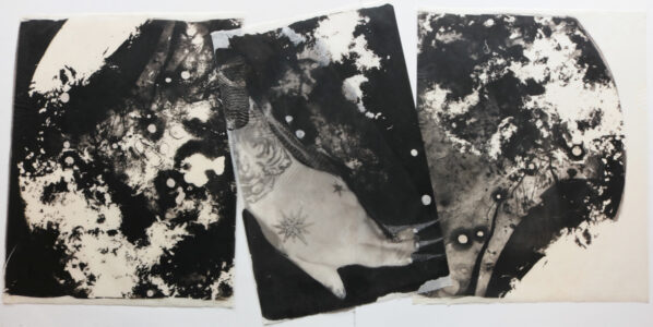 This surreal triptych references the occult practice of metamorphosis with her hand transforming into a serpent.