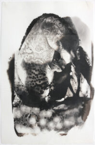 Referencing the occult tradition of metamorphosis, a hybrid creature emerges. His bent tattooed arm is visible above the seaweed forms that encase him. this palladium layered print is created from multiple negatives and printings.