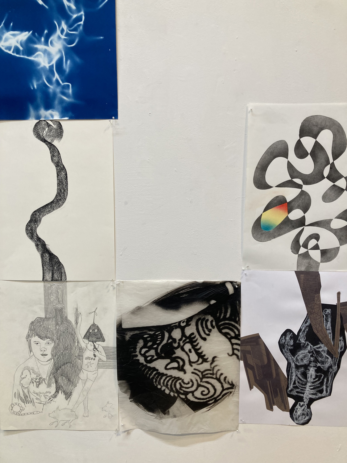 Detail photograph of artwork by some of the 24 artists arranged as part of a quilt taking the idea from the Surrealist game of Exquisite Corpse/Cadavre Exquis. Exhibit held at Gallery MC in New York City, 1/14-2/11 2026.